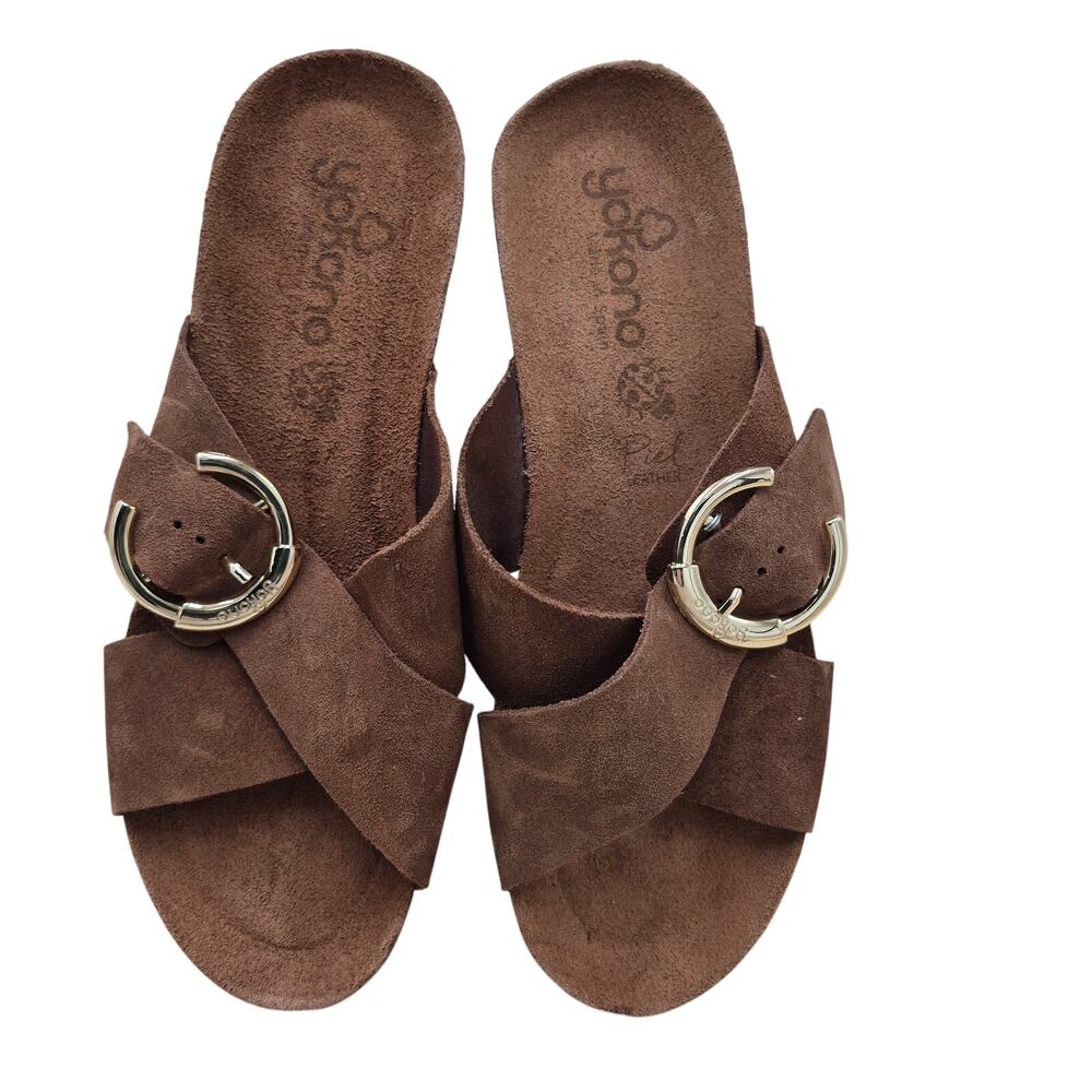 Yokono brown leather cross-strap sandals with a gold-tone buckle Womens SIZE 9